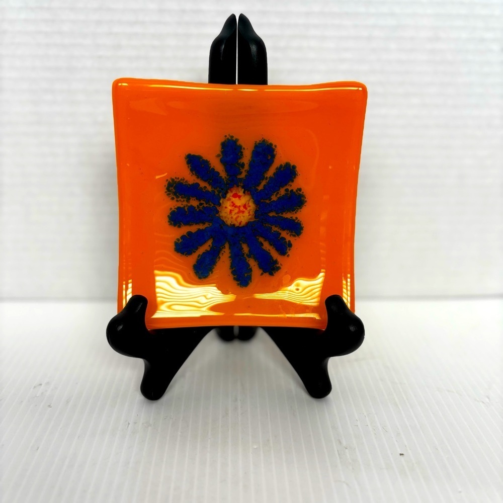 Flower Square Curled Edge Fused Art Glass Dish Trinket Coin Tray Signed